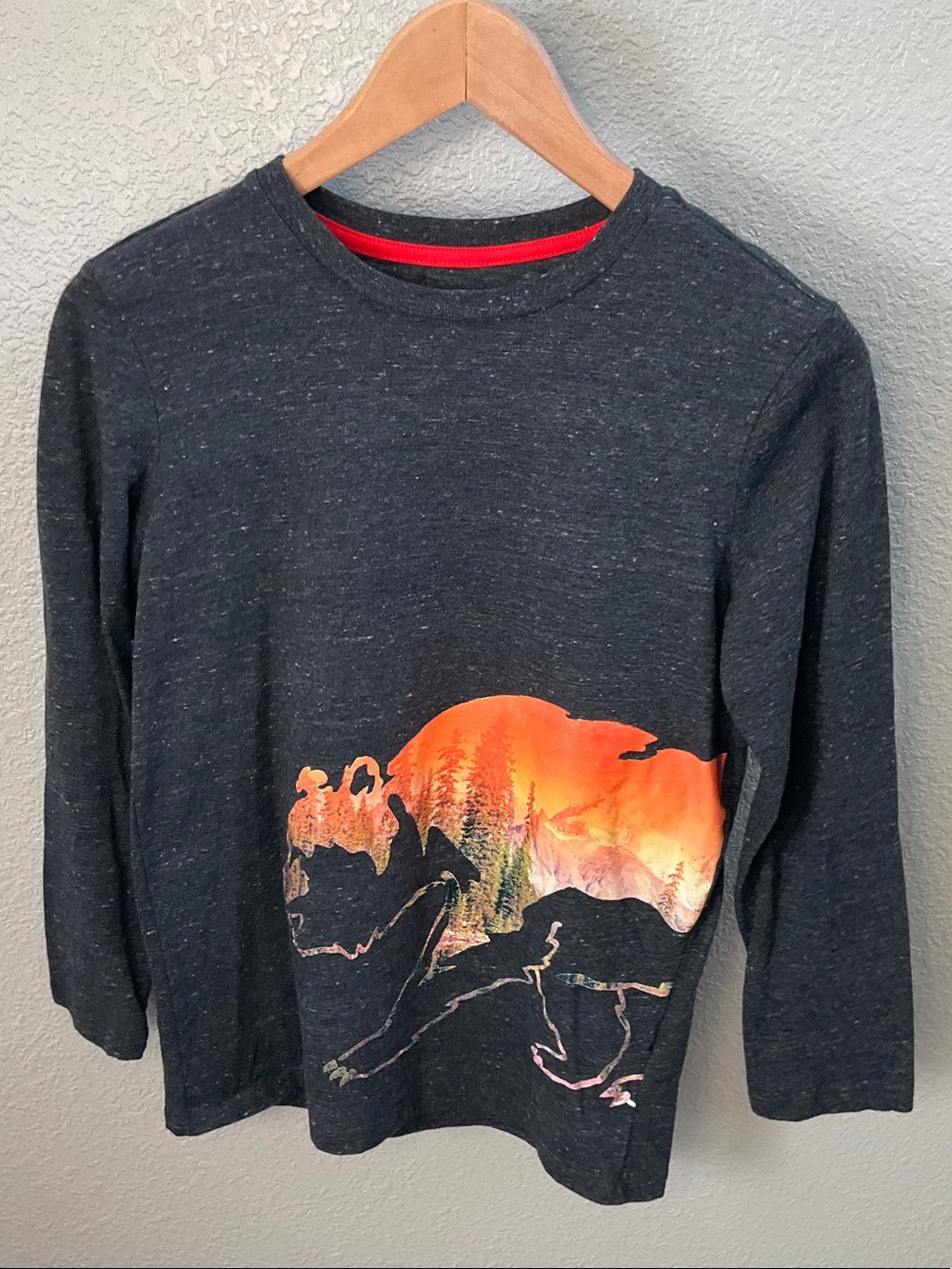 Old Navy Black Long-Sleeve Tee with Orange Bear Sunset Graphic